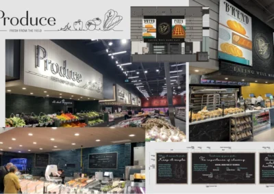 Fortinos | Bolton, Ontario In collaboration with our client, traditional stores were transformed into modern, vibrant environments through strategic graphic, wayfinding, and branding design. Cohesive signage and visual elements guided customers, reinforced the brand, and enhanced the overall shopping experience.