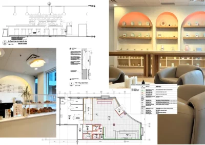 William Henry Café Brossard, Québec Full interior design and documentation, from concept development to bilingual construction drawings. The design combined operational efficiency with branded, warm finishes, while detailed plans, elevations, millwork, and specifications in 3D Revit and 2D CAD ensured smooth approvals and execution.
