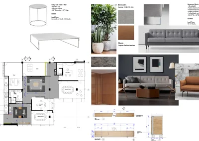 Executive Office Redesign Interior design for an executive office at Loblaw headquarters, reconfiguring the layout and waiting area to improve functionality and aesthetics. Custom fixtures, curated furniture, and a refined palette of warm woods, soft greys, and cognac leather created a modern, professional, and welcoming environment.
